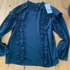Zara Emerald Green Ruffled Sheer Blouse. Size Small. New With Tags